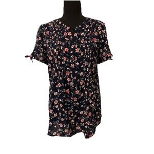 DRESS BARN Womens Top Navy Blue Floral Short Tie-Band Sleeves Size Small S